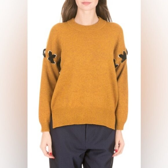 ** Molly Bracken Mustard Crew Neck Sweater w/ Velvet Arm Tie Detailing Size L/XL - Picture 1 of 8